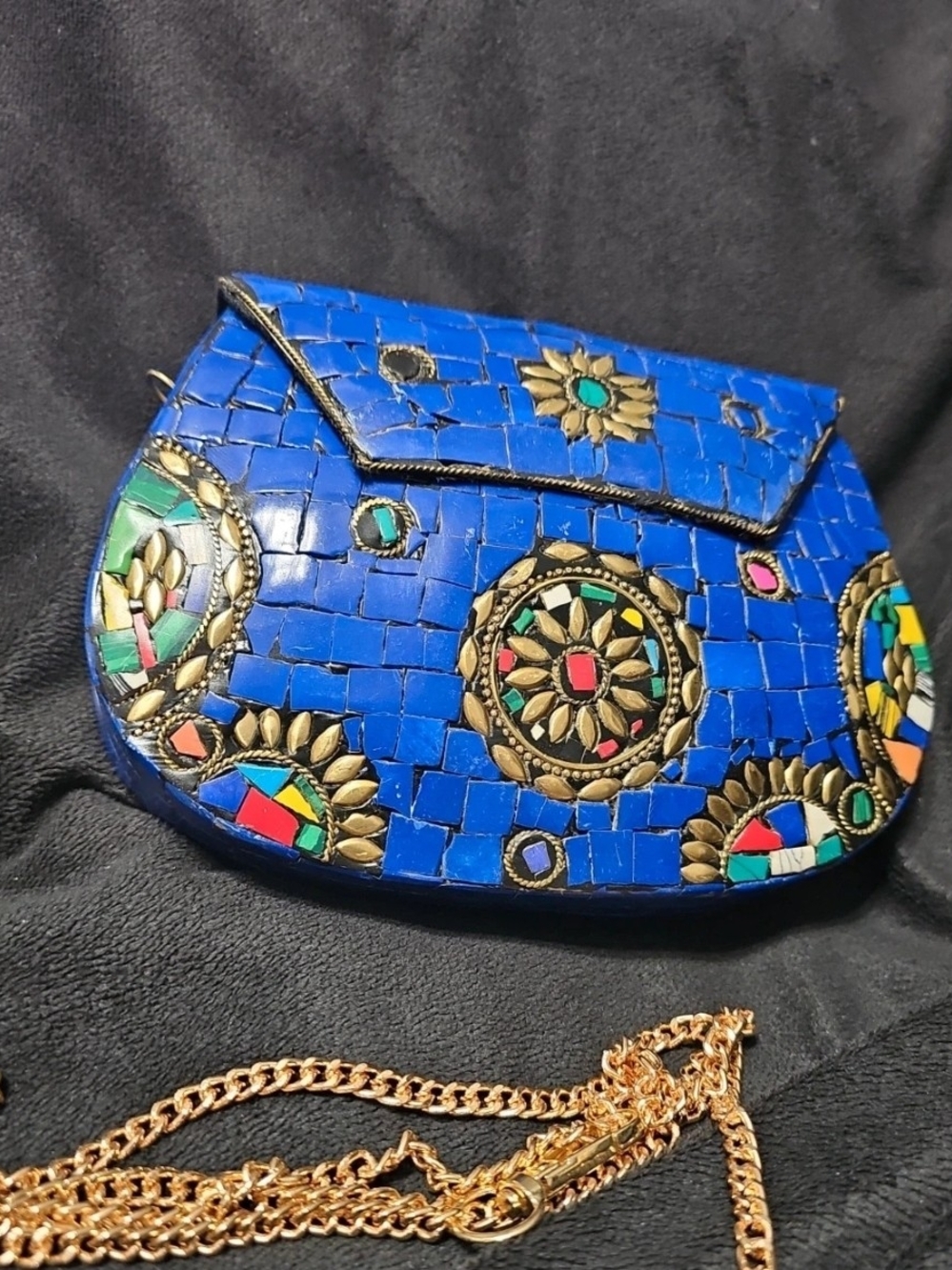 Blue Mosaic Embellished Crossbody Clutch
